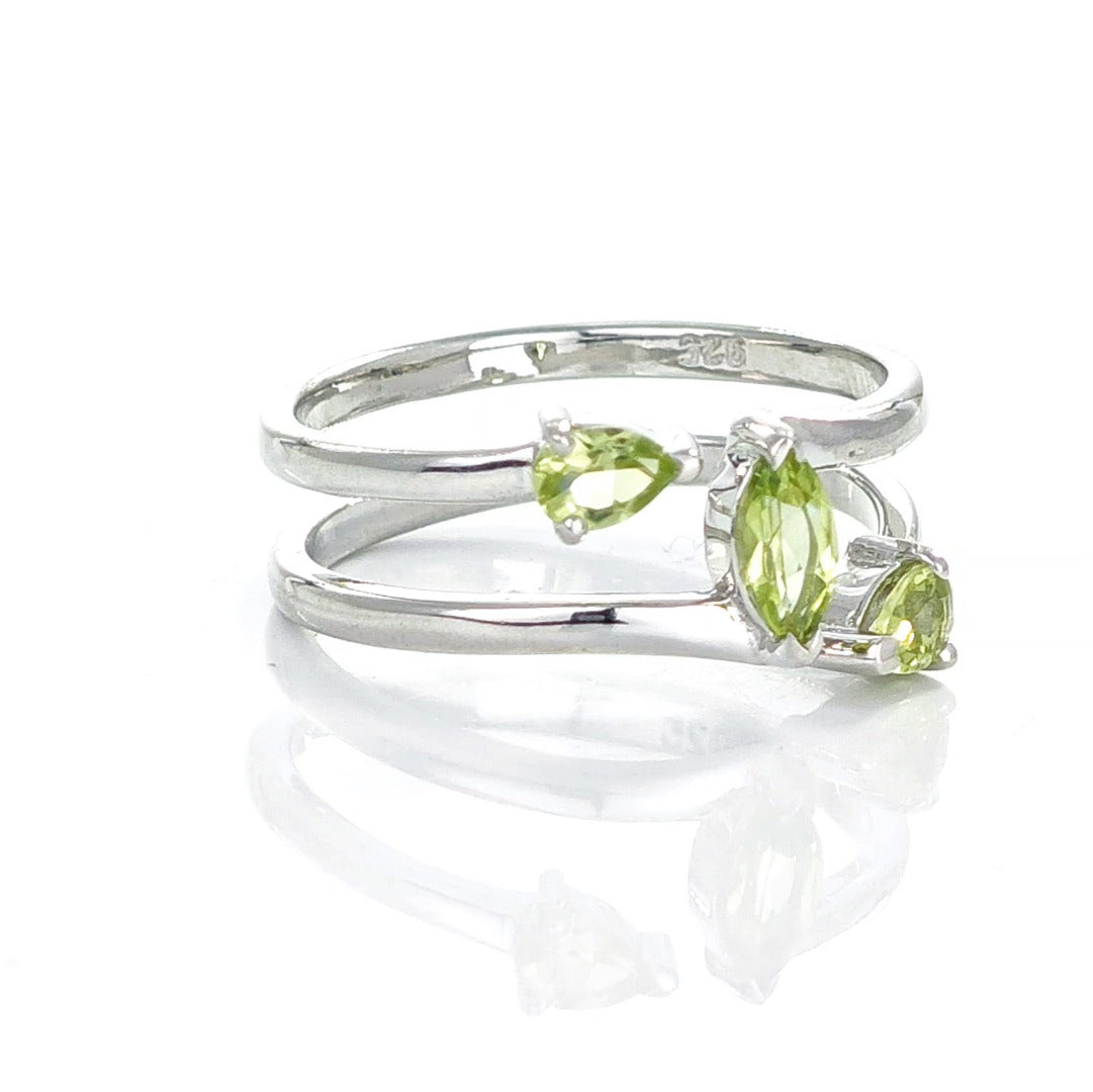 Peridot Ring Sterling Silver Adjustable Marquise Trilogy