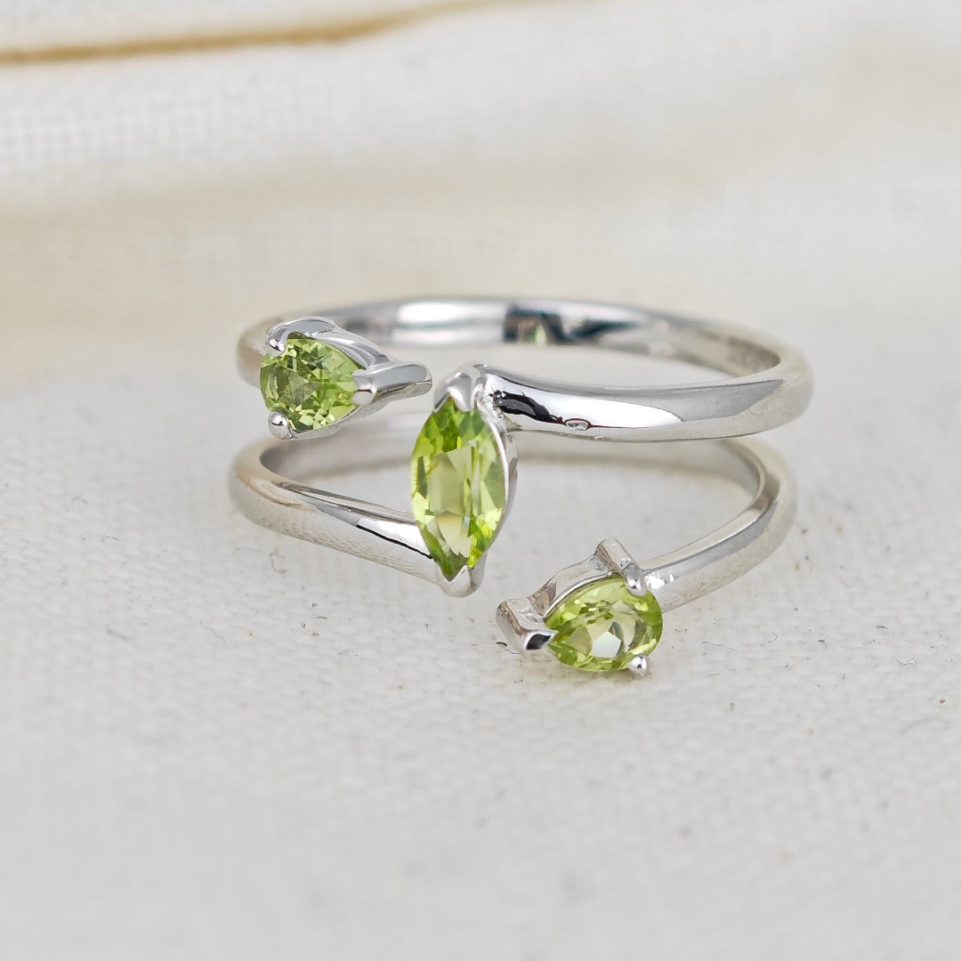 Peridot Ring Sterling Silver Adjustable Marquise Trilogy