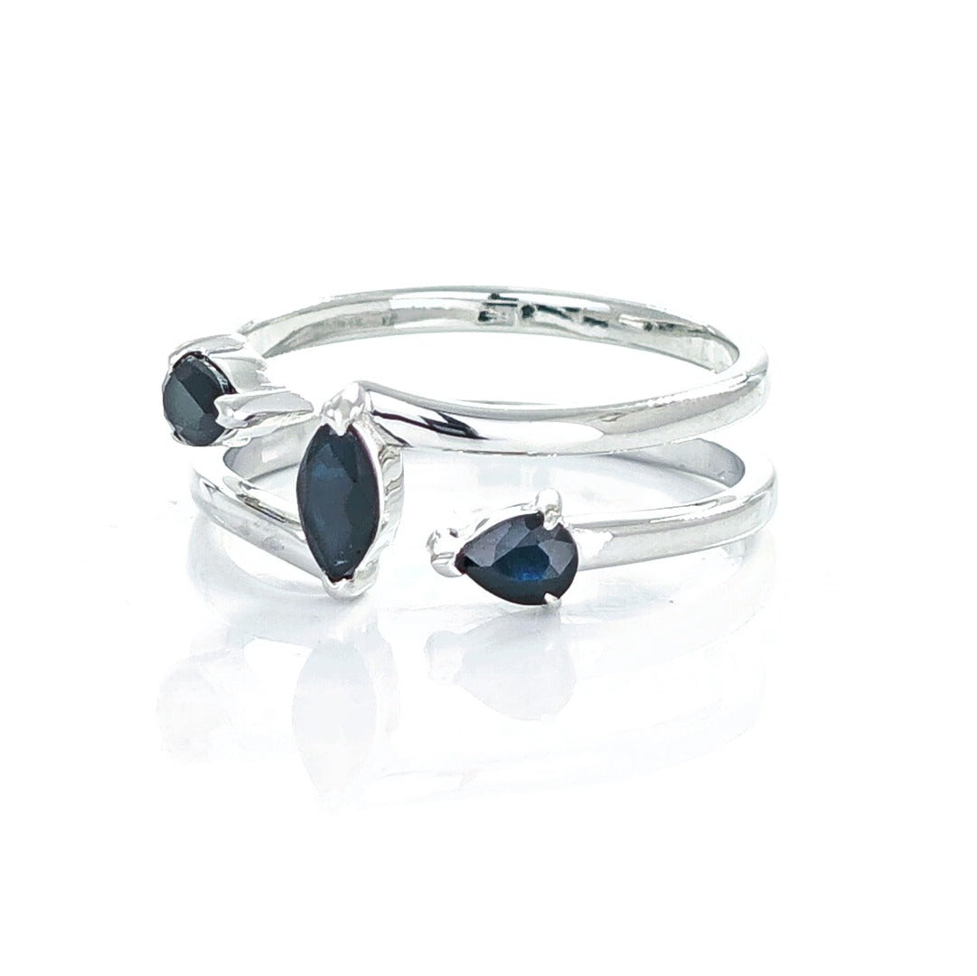 Sapphire Ring  Sterling Silver Adjustable Marquise Trilogy