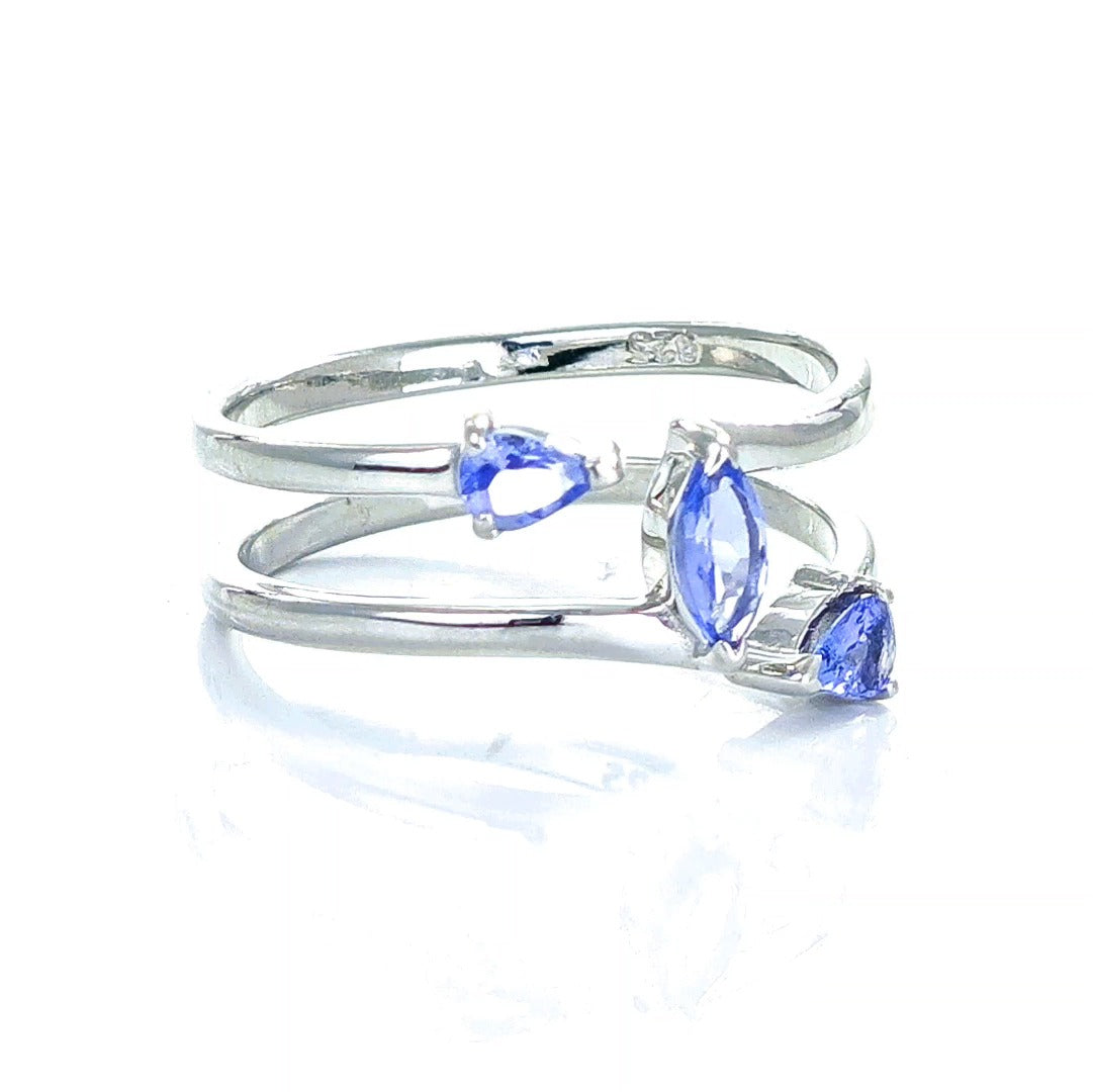 Tanzanite Trilogy Ring Sterling Silver Blue Marquise Adjustable