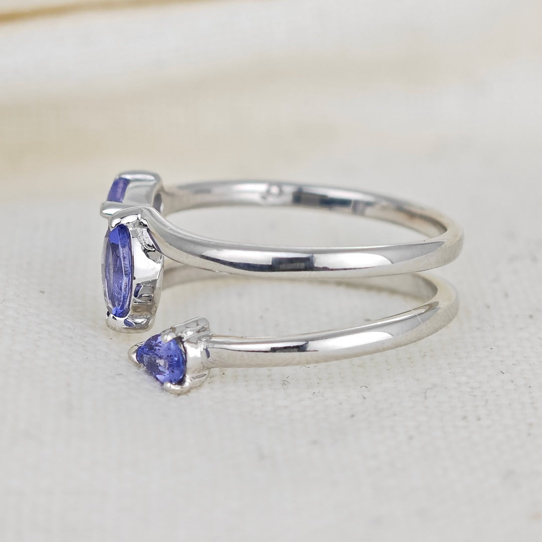 Tanzanite Trilogy Ring Sterling Silver Blue Marquise Adjustable