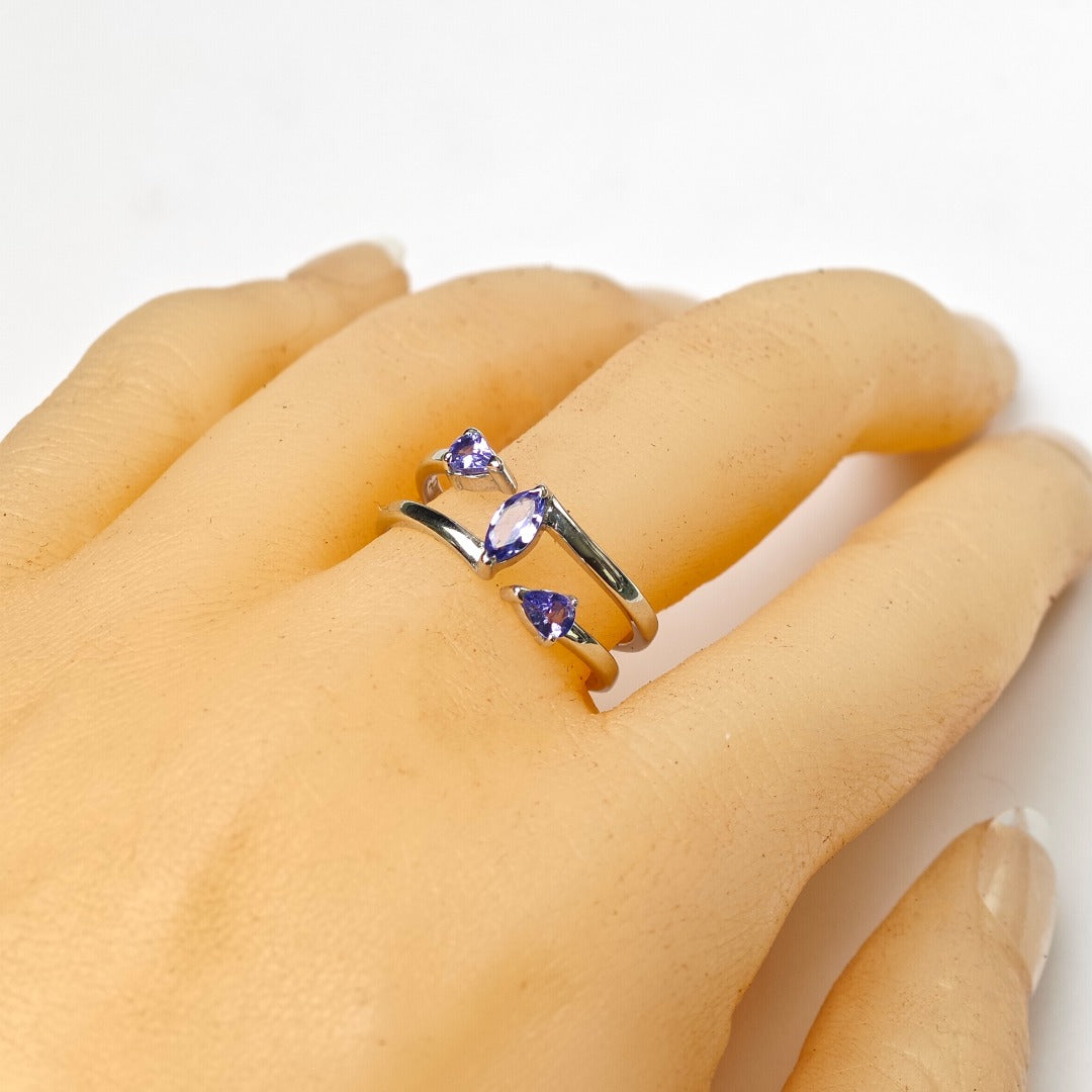 Tanzanite Trilogy Ring Sterling Silver Blue Marquise Adjustable