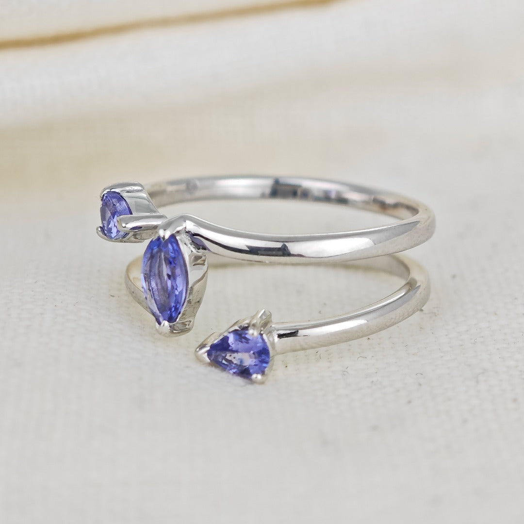 Tanzanite Trilogy Ring Sterling Silver Blue Marquise Adjustable