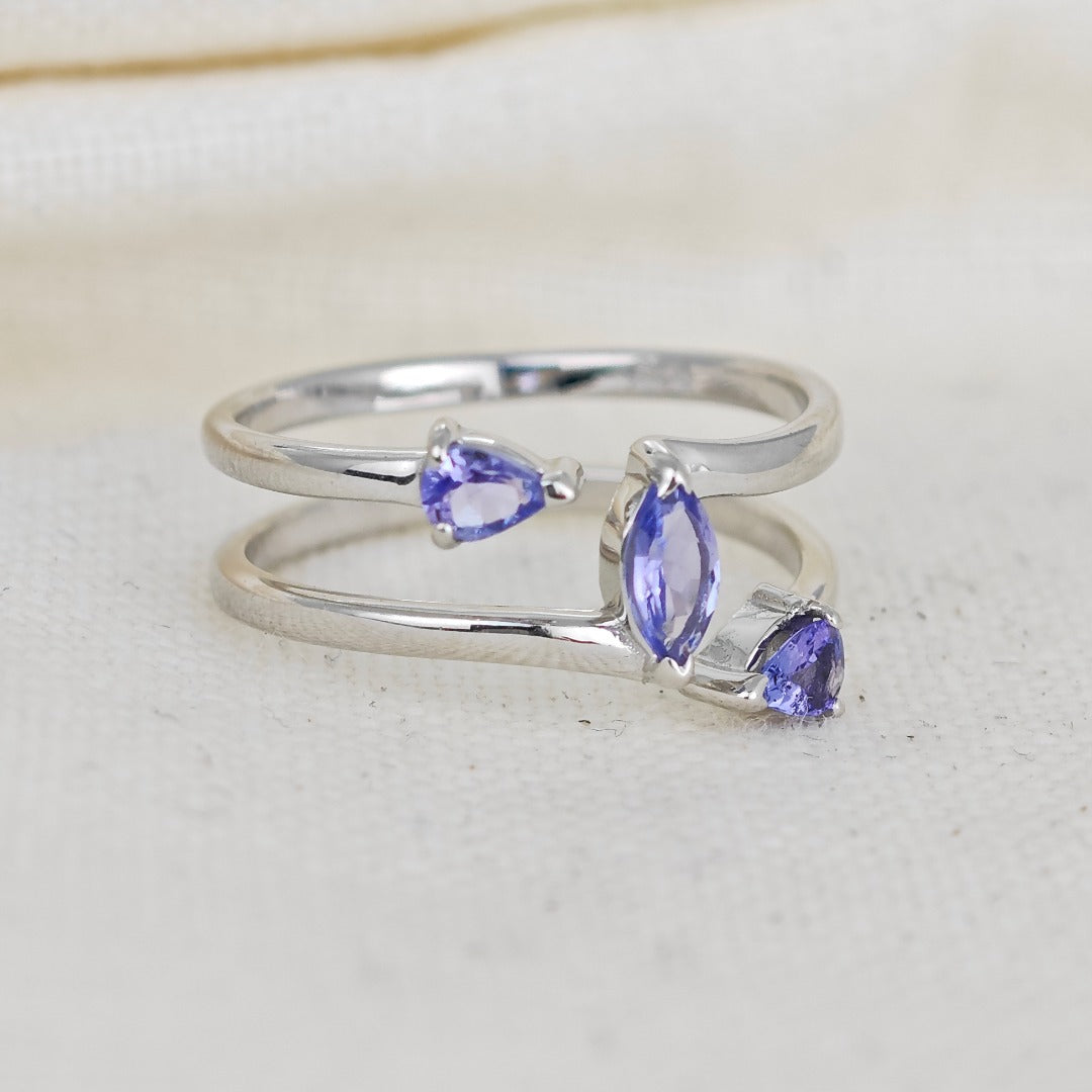 Tanzanite Trilogy Ring Sterling Silver Blue Marquise Adjustable