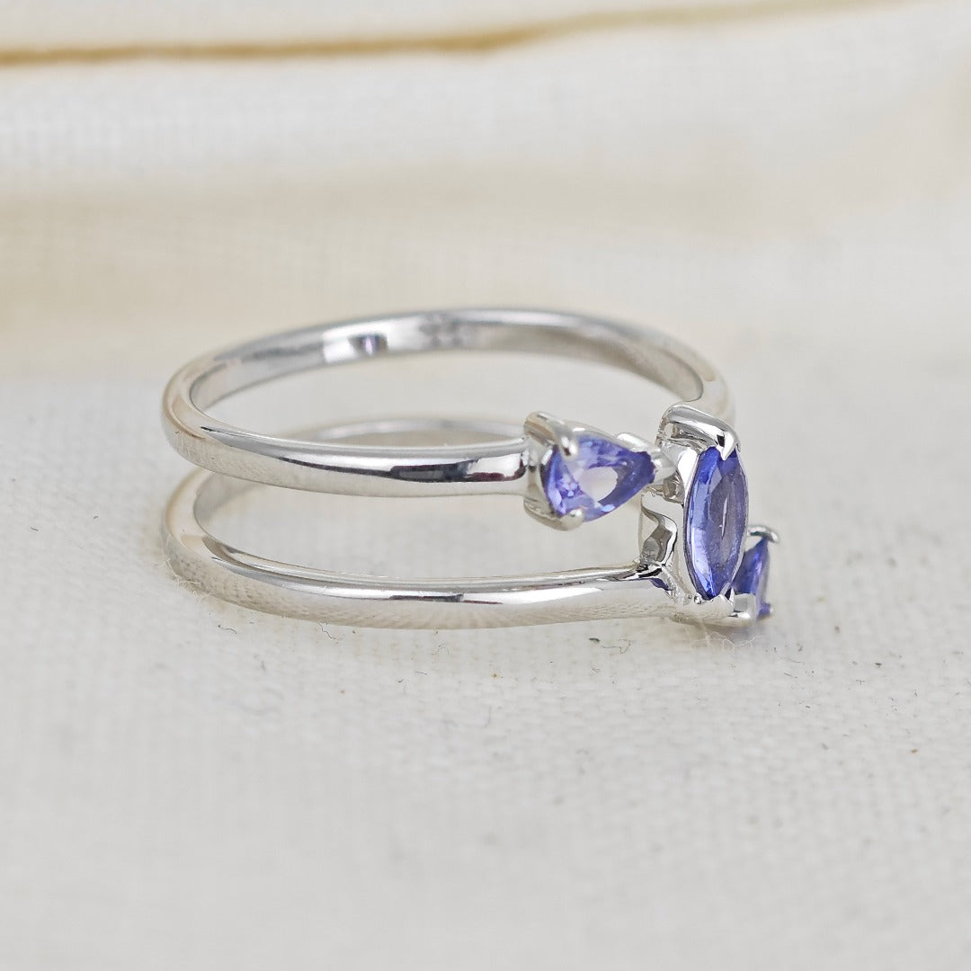 Tanzanite Trilogy Ring Sterling Silver Blue Marquise Adjustable