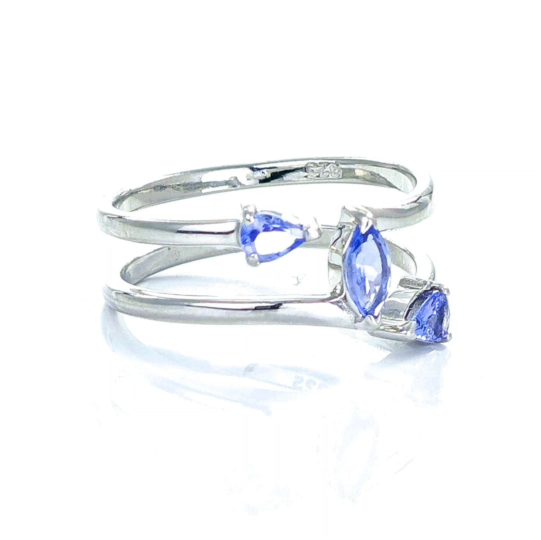 Tanzanite Trilogy Ring Sterling Silver Blue Marquise Adjustable