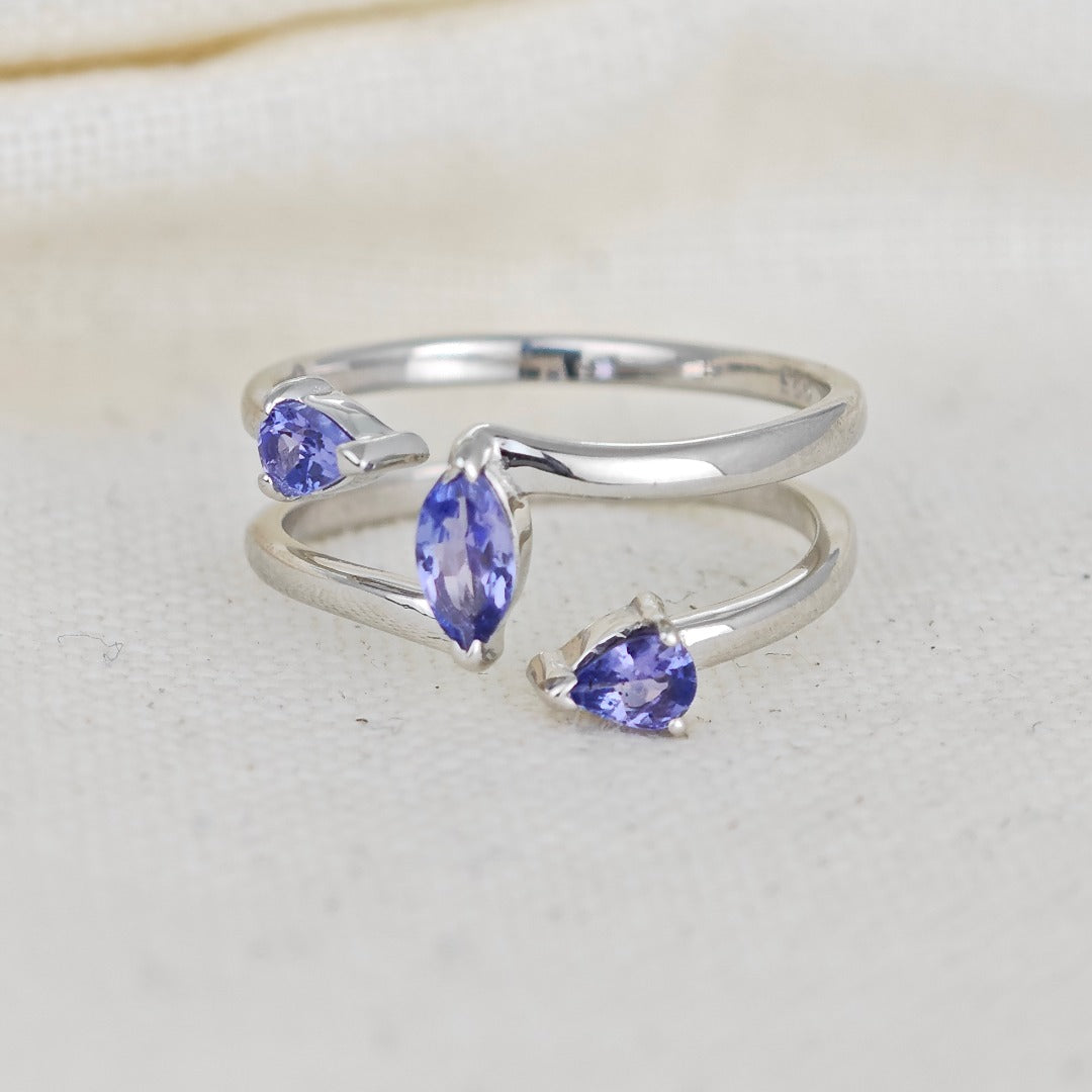 Tanzanite Trilogy Ring Sterling Silver Blue Marquise Adjustable