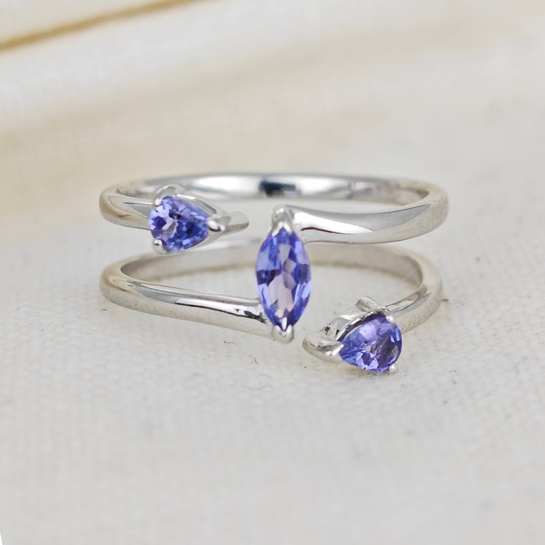 Tanzanite Trilogy Ring Sterling Silver Blue Marquise Adjustable