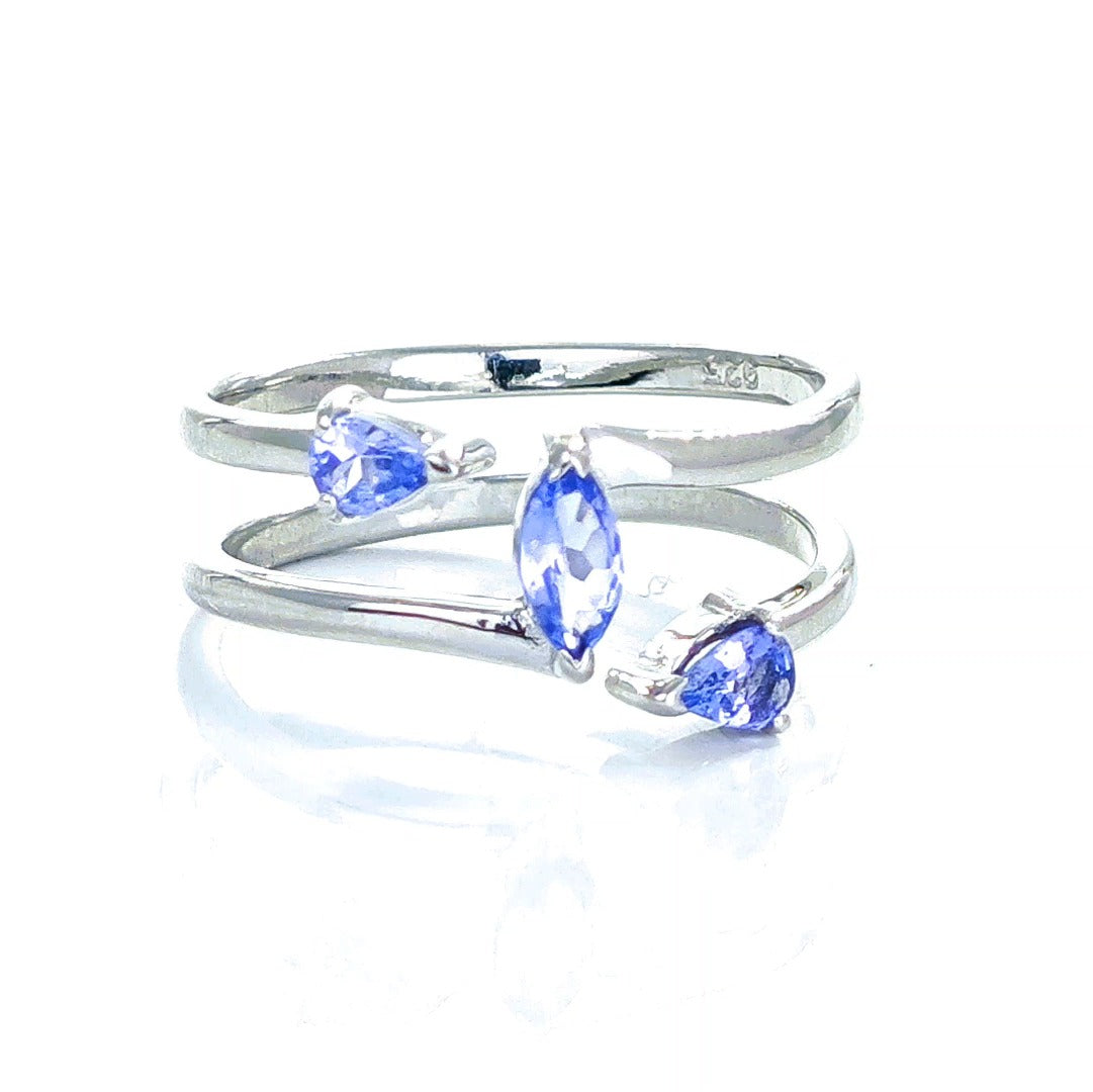 Tanzanite Trilogy Ring Sterling Silver Blue Marquise Adjustable