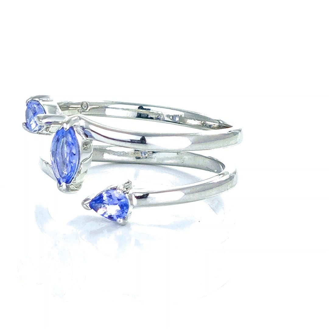 Tanzanite Trilogy Ring Sterling Silver Blue Marquise Adjustable