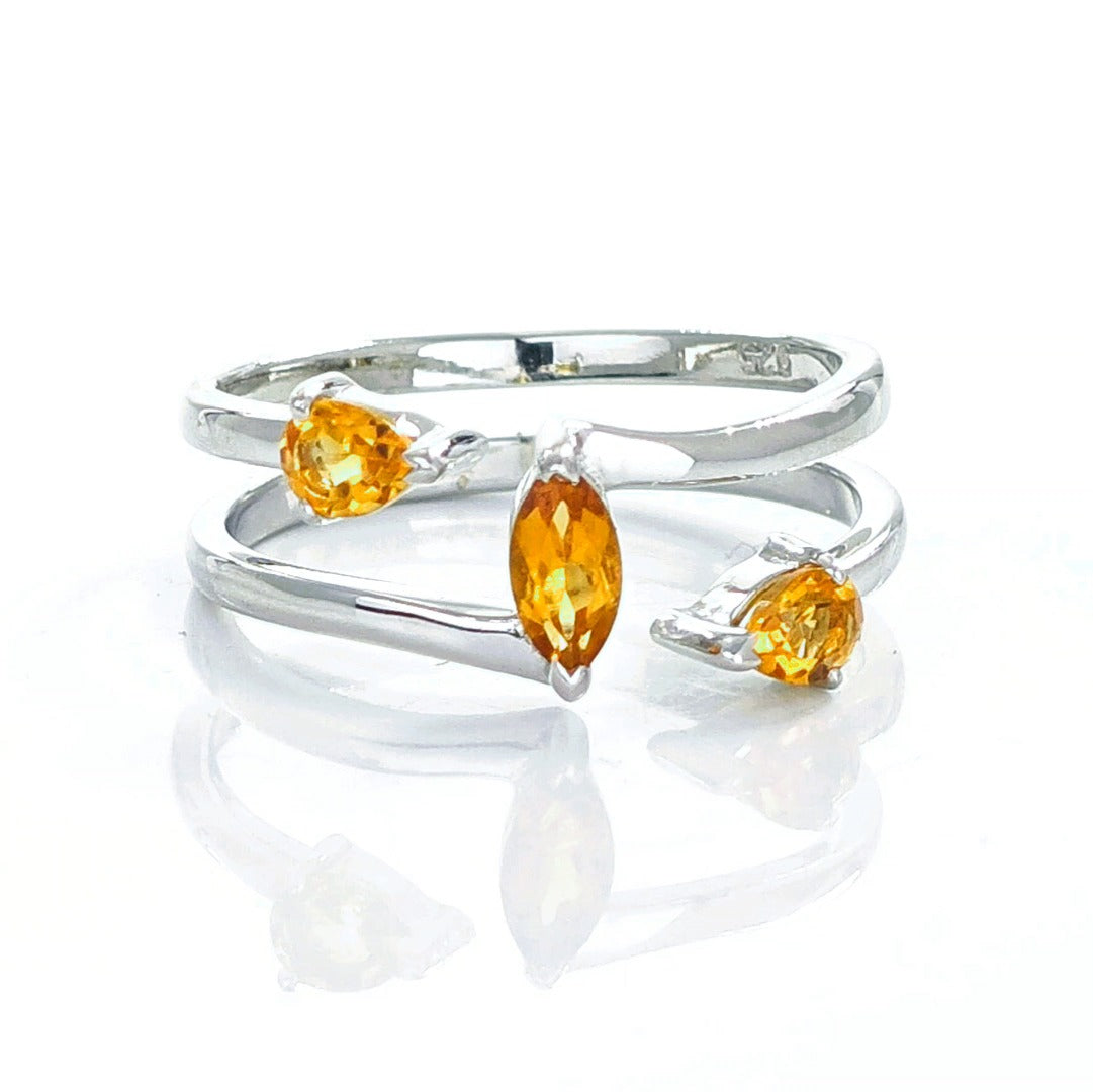 Citrine Ring Sterling Silver Marquise Trilogy Adjustable Double Band