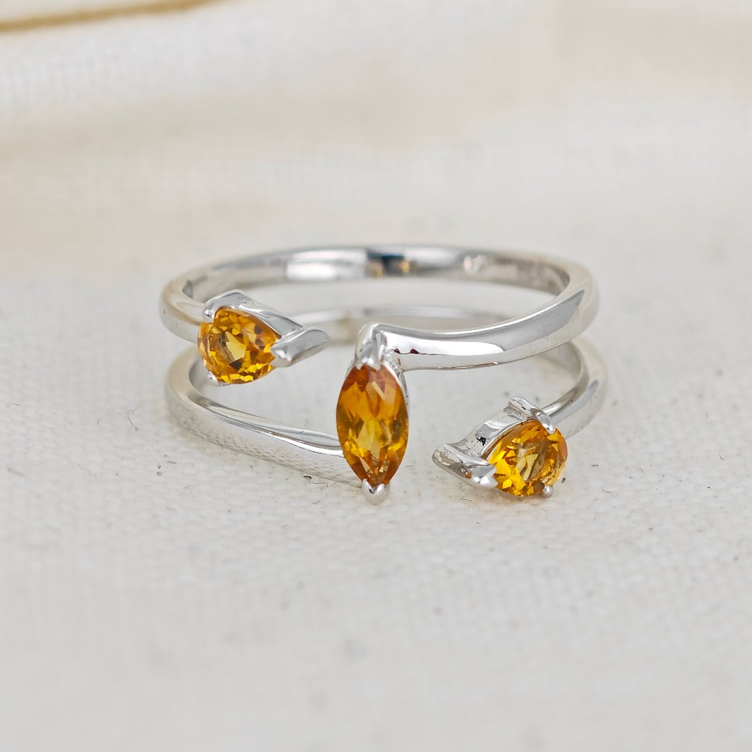 Citrine Ring Sterling Silver Marquise Trilogy Adjustable Double Band