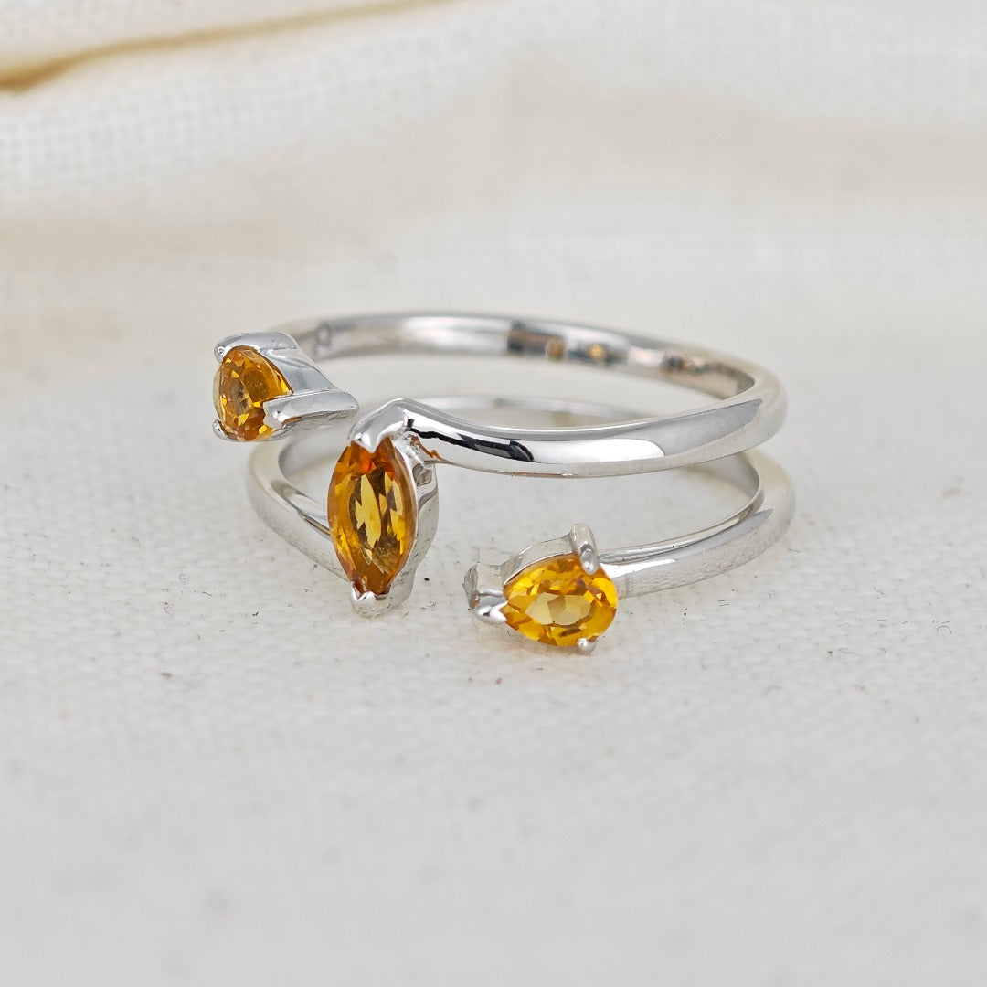 Citrine Ring Sterling Silver Marquise Trilogy Adjustable Double Band