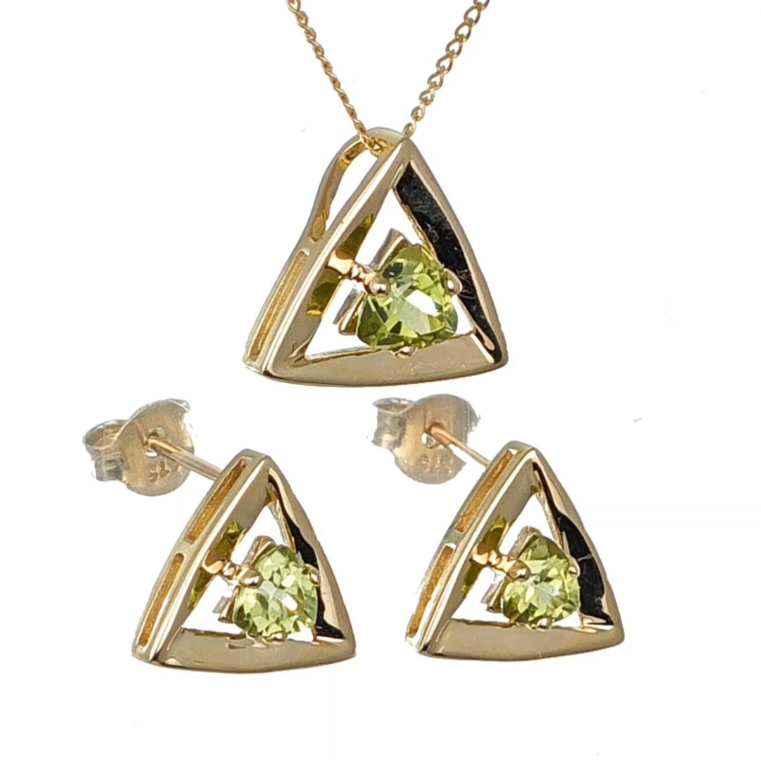 9ct Gold Peridot Set Pendant Earrings Trillion Hallmarked UK Design Handmade