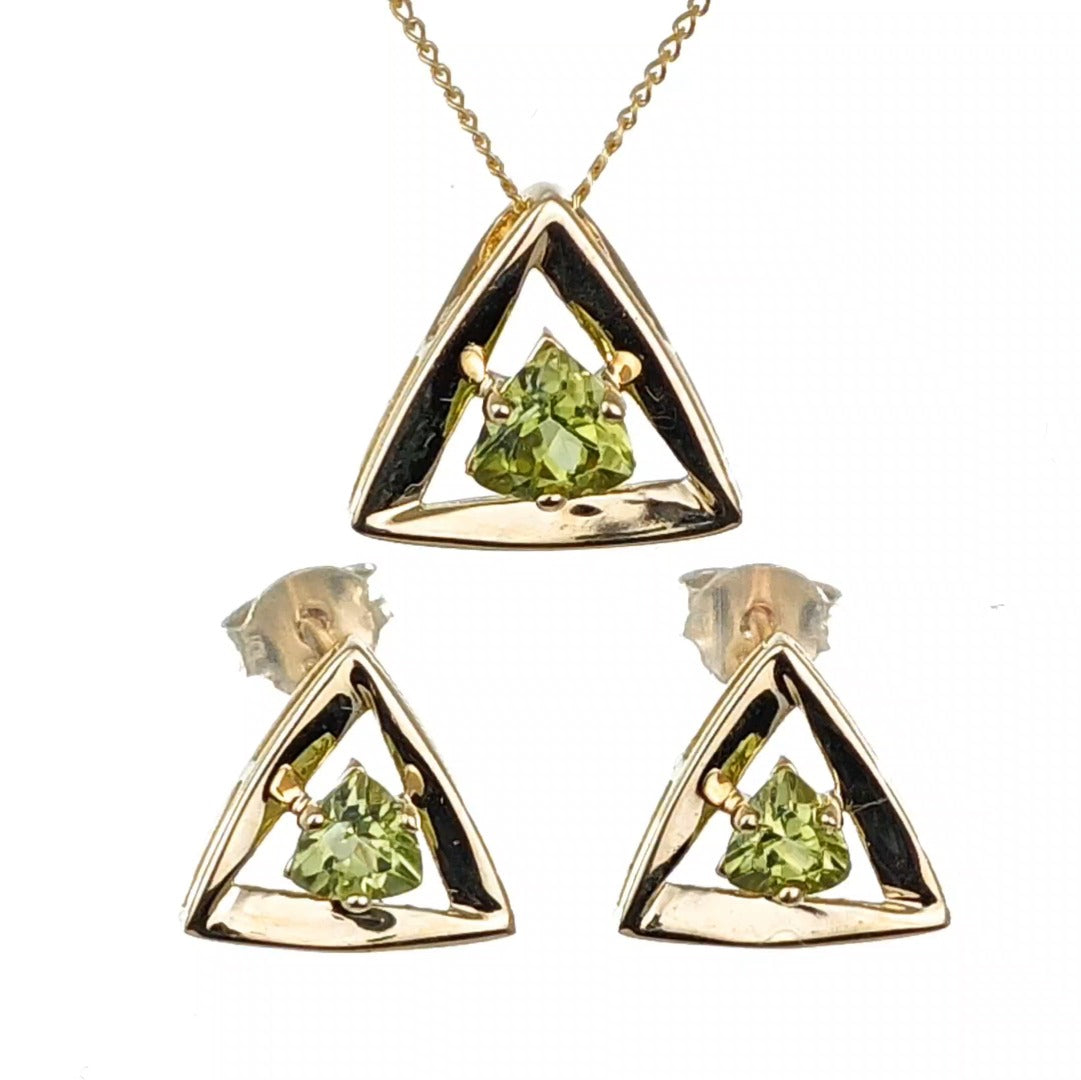 9ct Gold Peridot Set Pendant Earrings Trillion Hallmarked UK Design Handmade