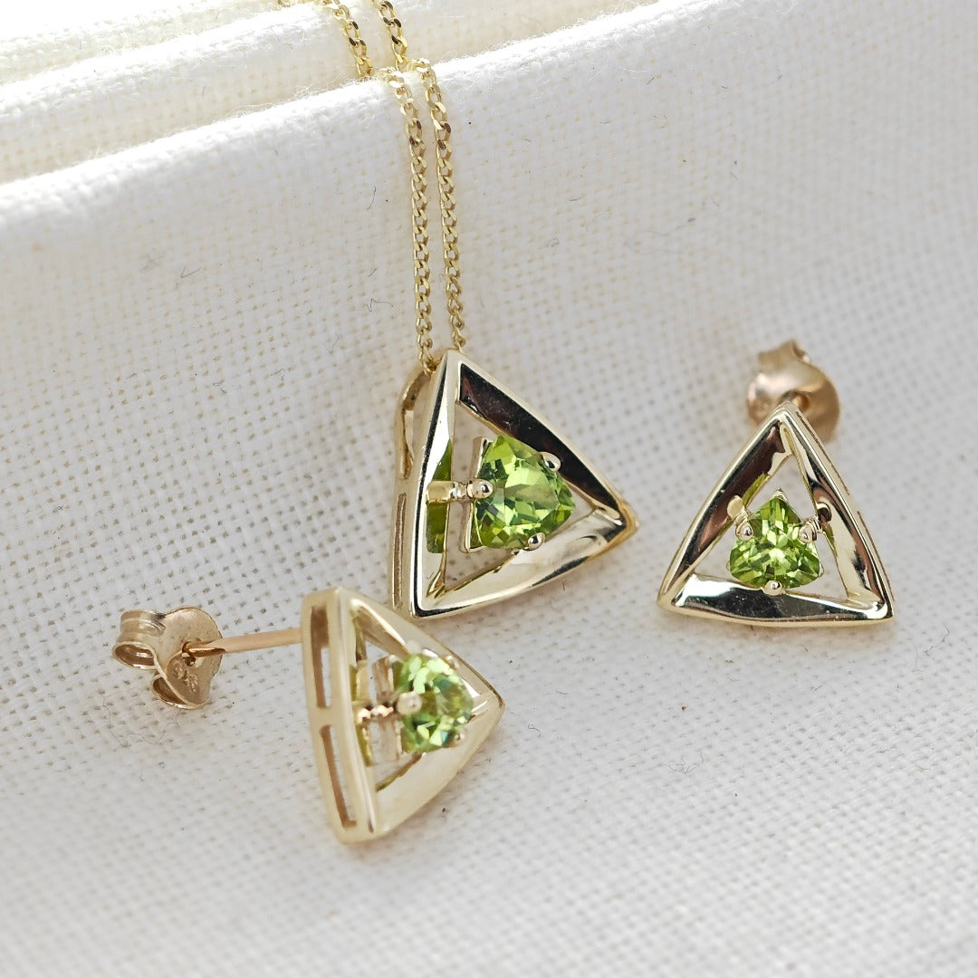 9ct Gold Peridot Set Pendant Earrings Trillion Hallmarked UK Design Handmade