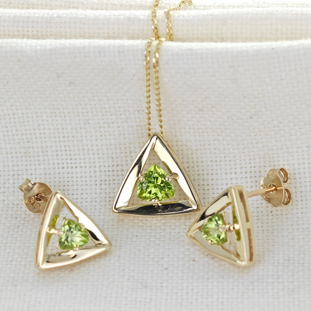 9ct Gold Peridot Set Pendant Earrings Trillion Hallmarked UK Design Handmade