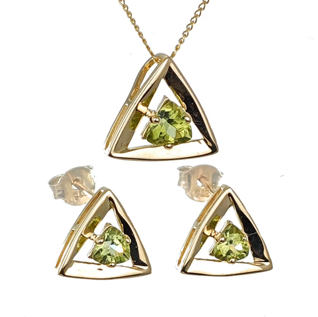 9ct Gold Peridot Set Pendant Earrings Trillion Hallmarked UK Design Handmade