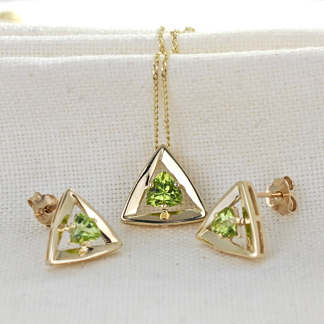 9ct Gold Peridot Set Pendant Earrings Trillion Hallmarked UK Design Handmade