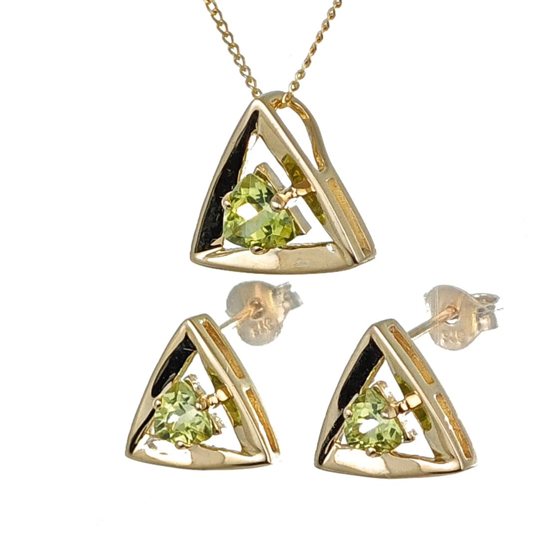 9ct Gold Peridot Set Pendant Earrings Trillion Hallmarked UK Design Handmade