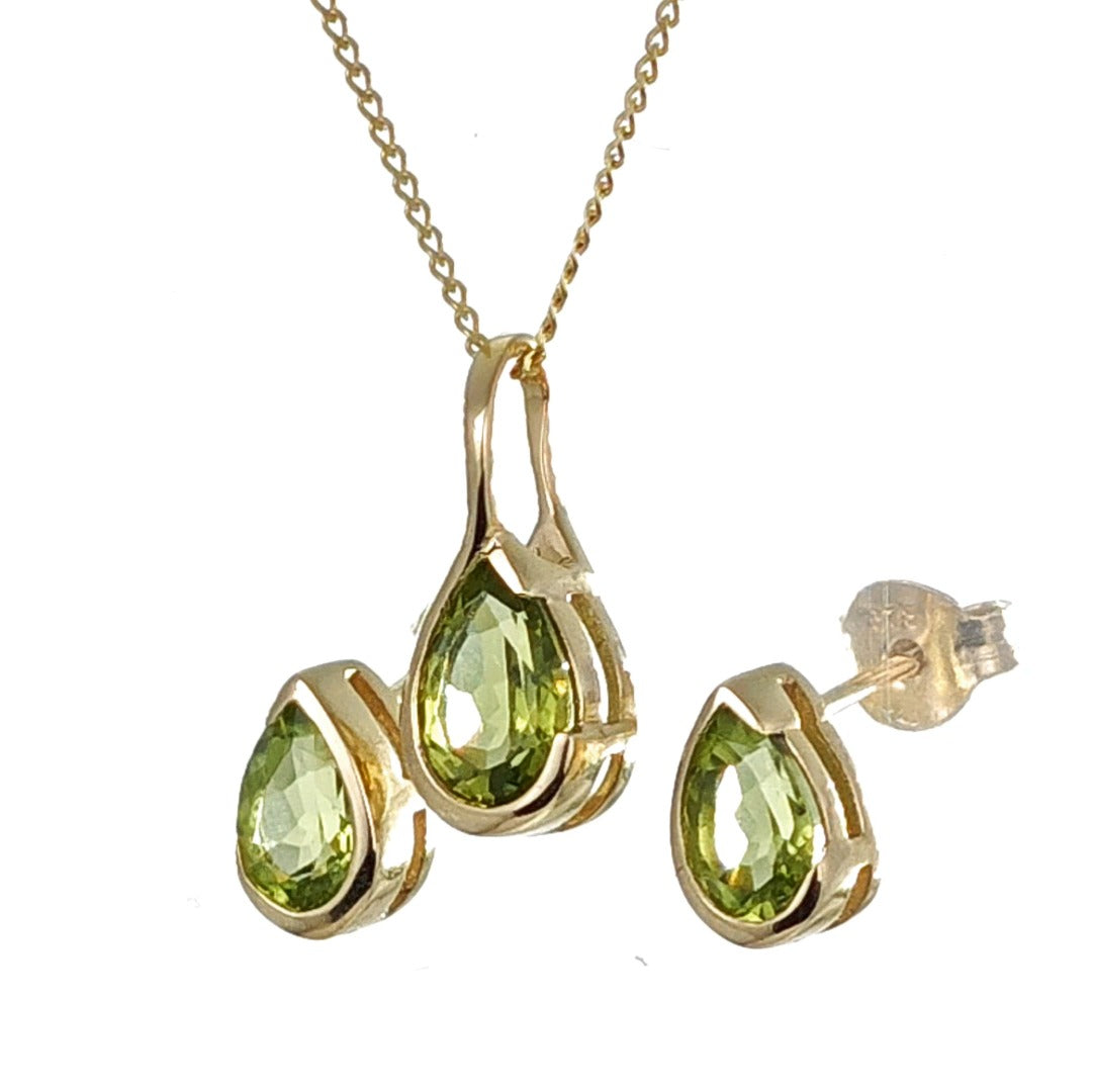 9ct Gold Peridot Set Earrings Pendant Green Pear Solitaire