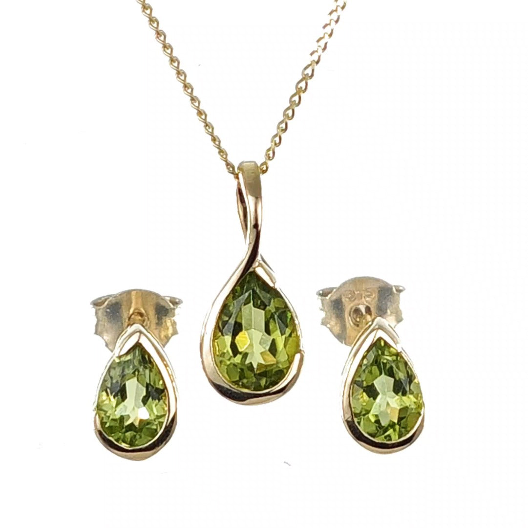 9ct Gold Peridot Set Earrings Pendant Green Pear Solitaire