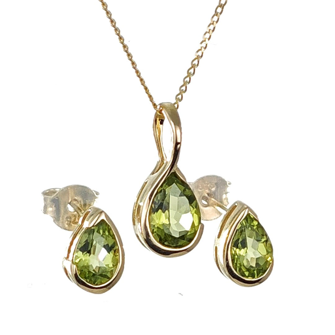 9ct Gold Peridot Set Earrings Pendant Green Pear Solitaire