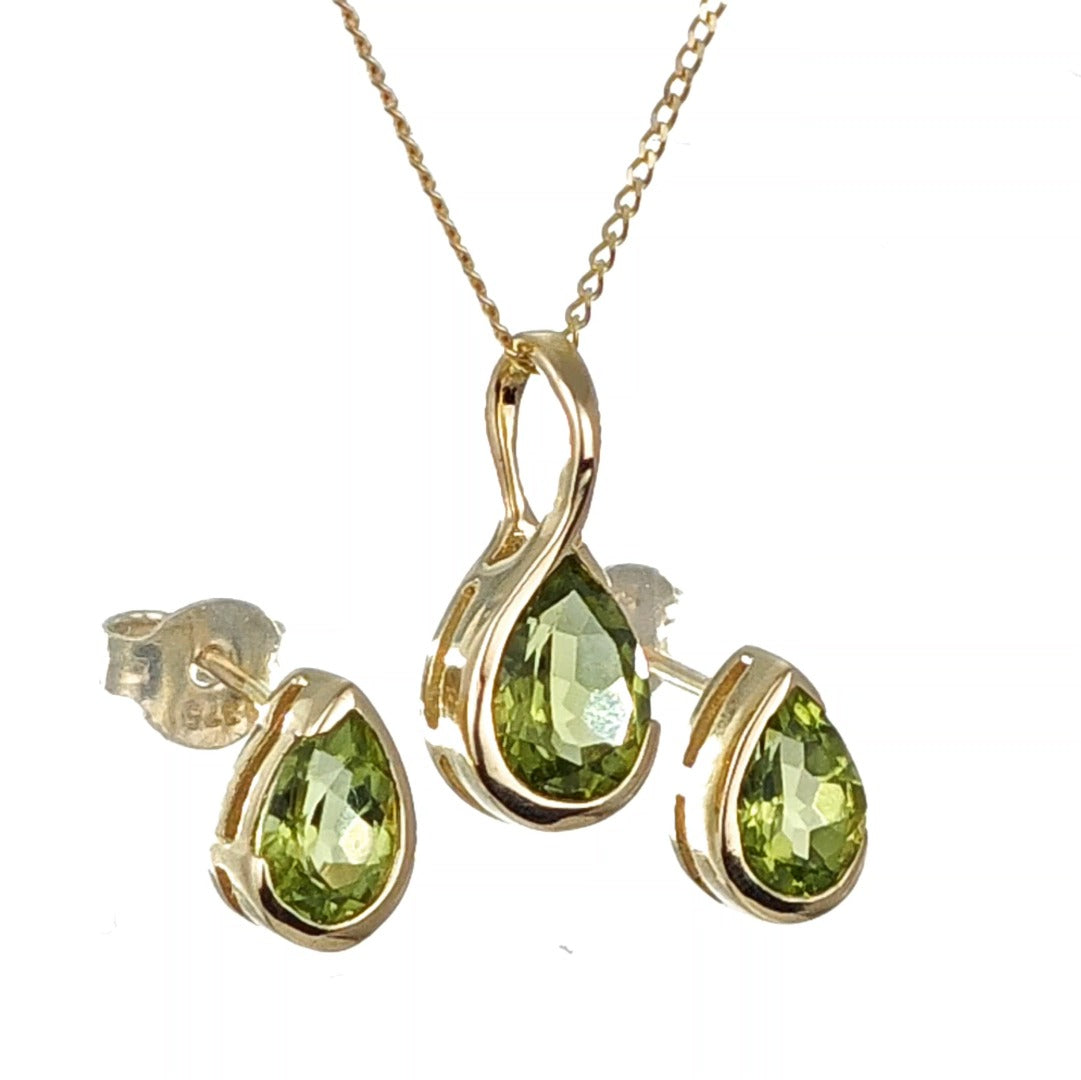 9ct Gold Peridot Set Earrings Pendant Green Pear Solitaire