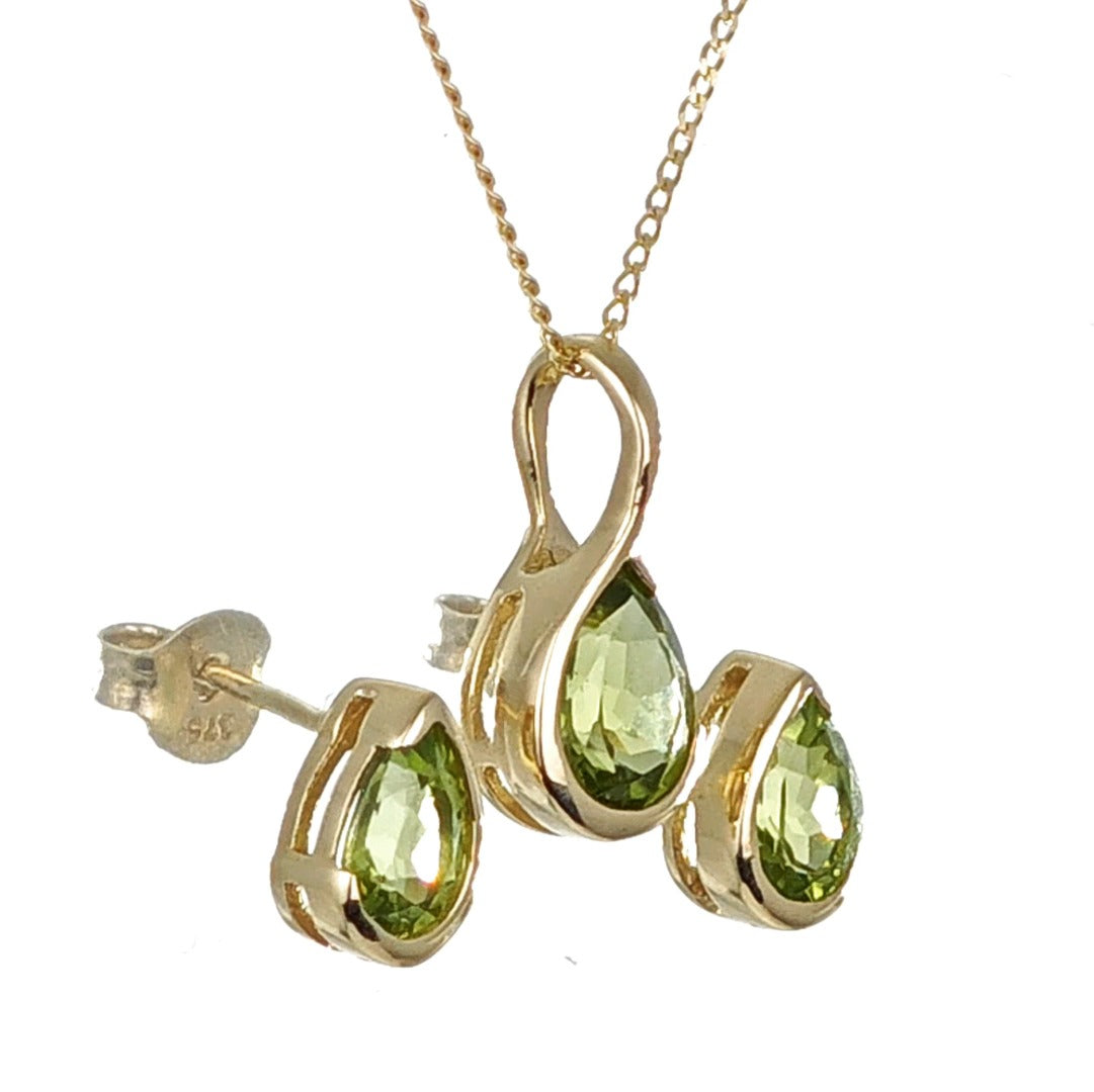 9ct Gold Peridot Set Earrings Pendant Green Pear Solitaire