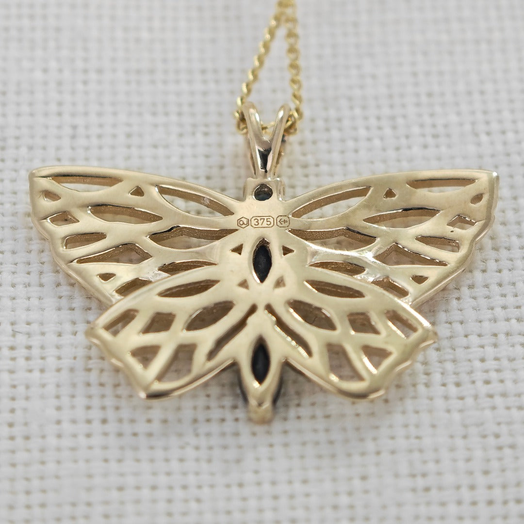 Elegant 9ct Gold Butterfly Necklace with Marquise Sapphires Hallmarked