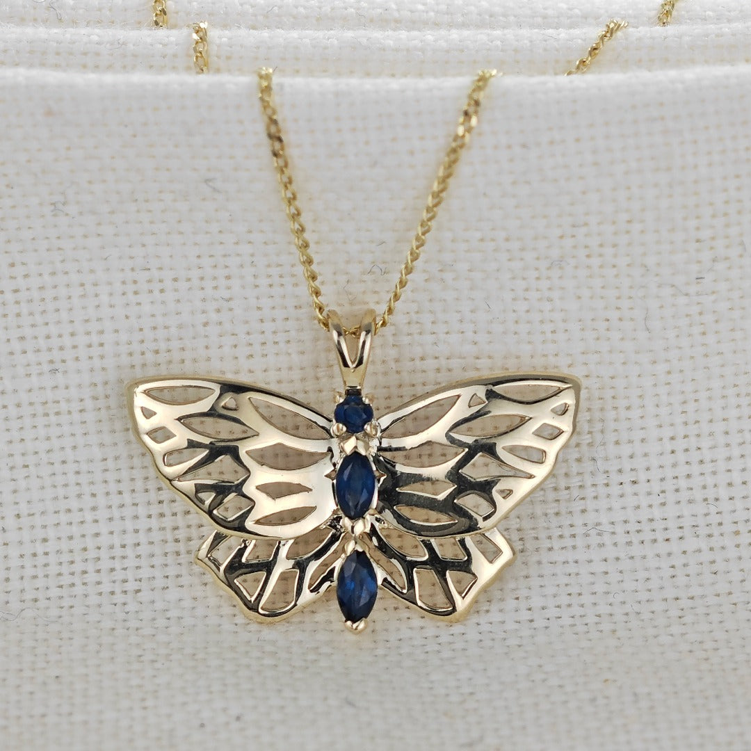 Elegant 9ct Gold Butterfly Necklace with Marquise Sapphires Hallmarked