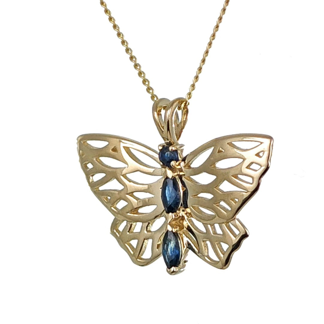 Elegant 9ct Gold Butterfly Necklace with Marquise Sapphires Hallmarked