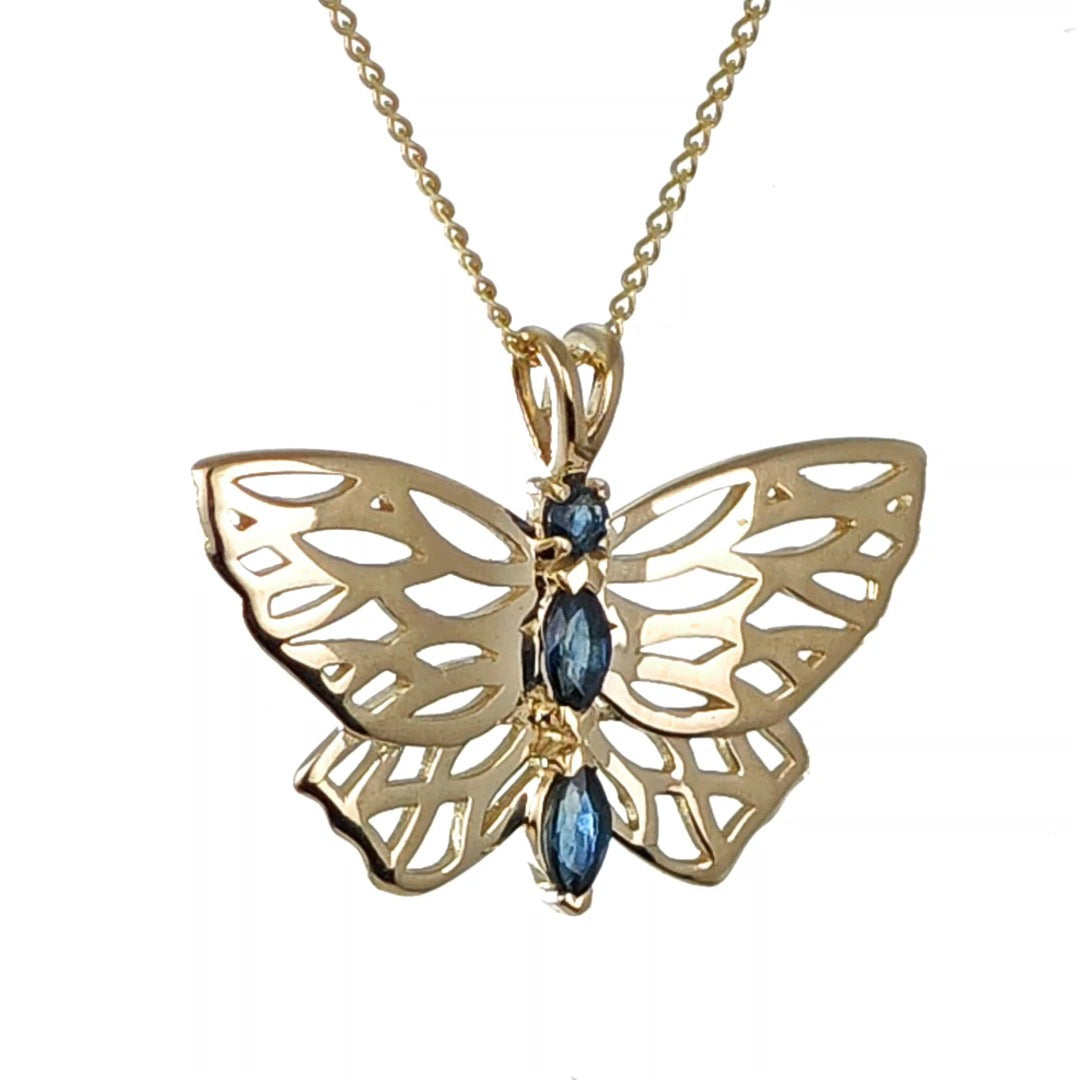 Elegant 9ct Gold Butterfly Necklace with Marquise Sapphires Hallmarked