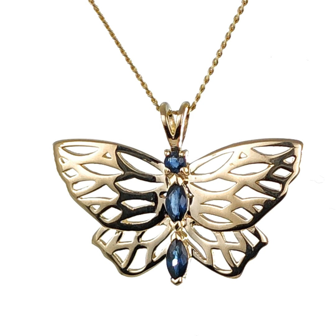 Elegant 9ct Gold Butterfly Necklace with Marquise Sapphires Hallmarked