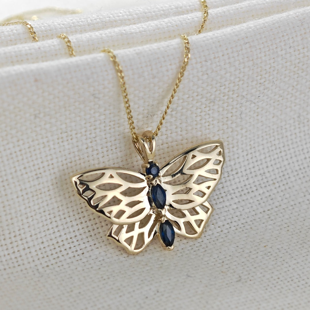 Elegant 9ct Gold Butterfly Necklace with Marquise Sapphires Hallmarked