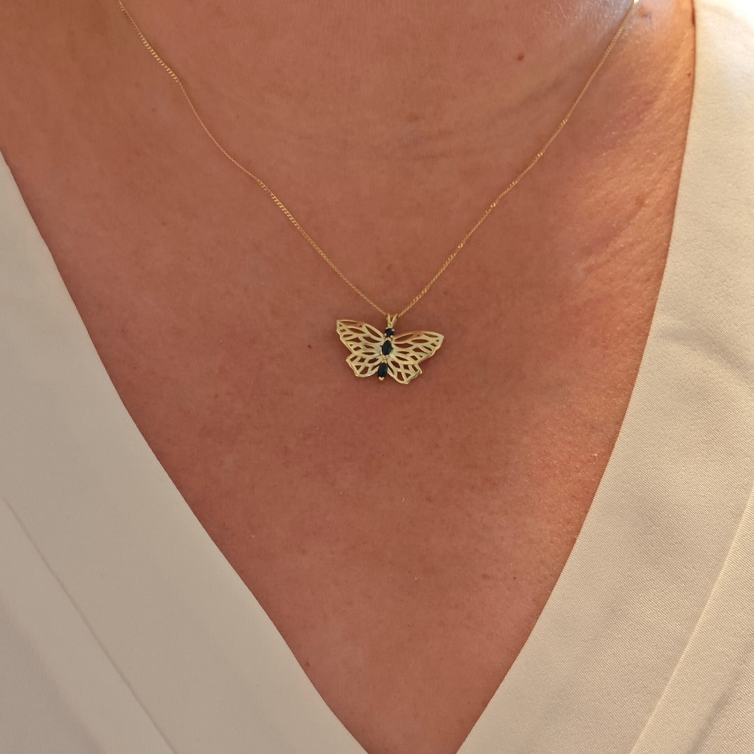 Elegant 9ct Gold Butterfly Necklace with Marquise Sapphires Hallmarked