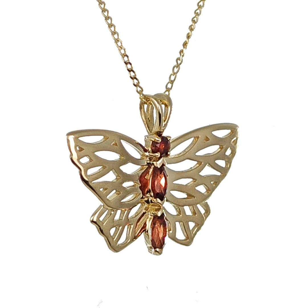 9ct Gold Garnet Butterfly Necklace Red Hallmarked UK Design Handmade