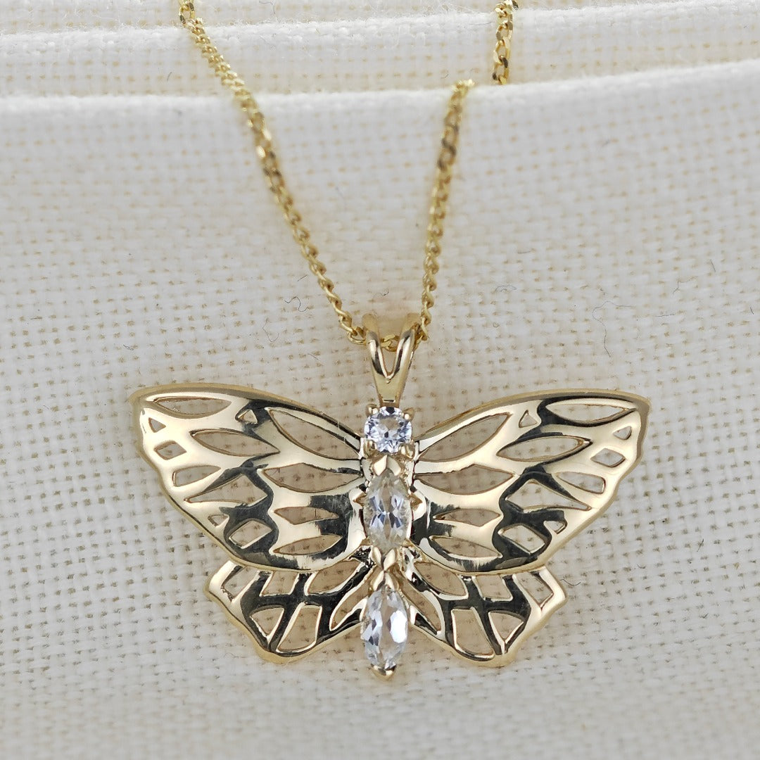 9ct Topaz Butterfly Necklace Yellow Gold Hallmarked Handmade Boxed UK Design