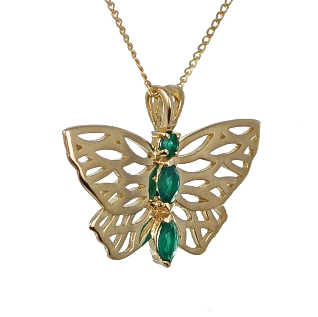 9ct Butterfly Necklace Green Onyx Yellow Gold Hallmarked