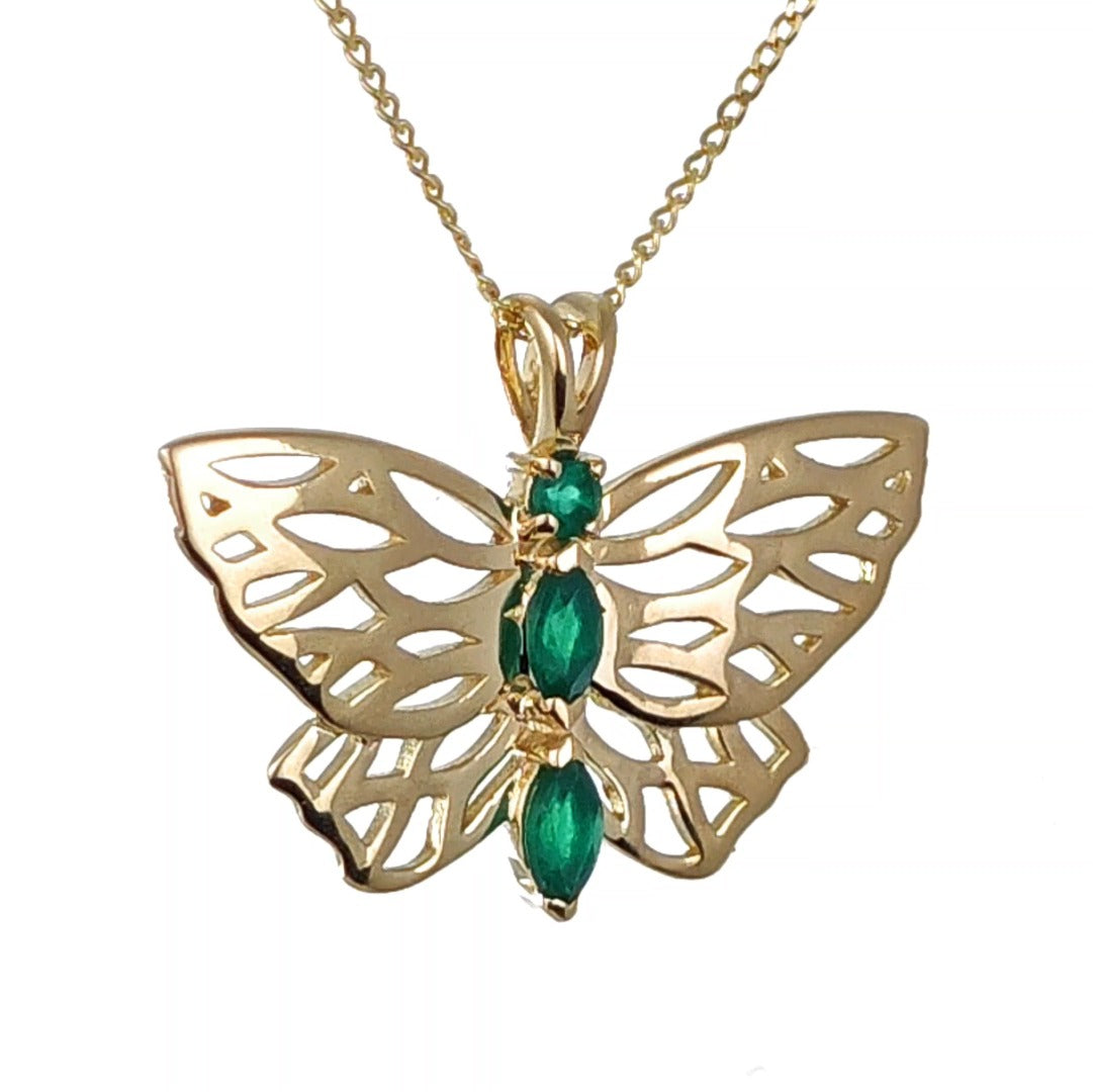 9ct Butterfly Necklace Green Onyx Yellow Gold Hallmarked