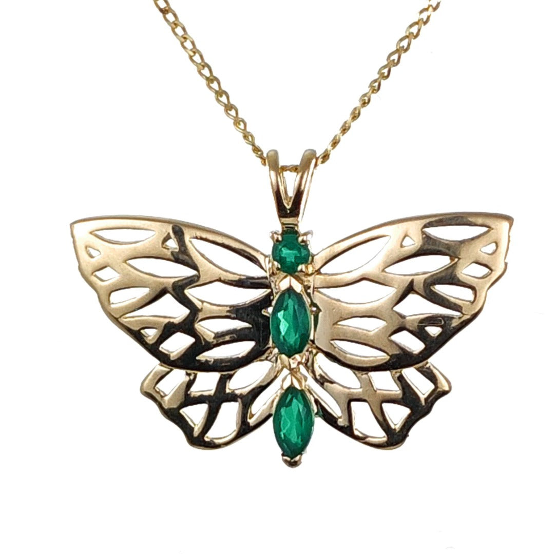 9ct Butterfly Necklace Green Onyx Yellow Gold Hallmarked