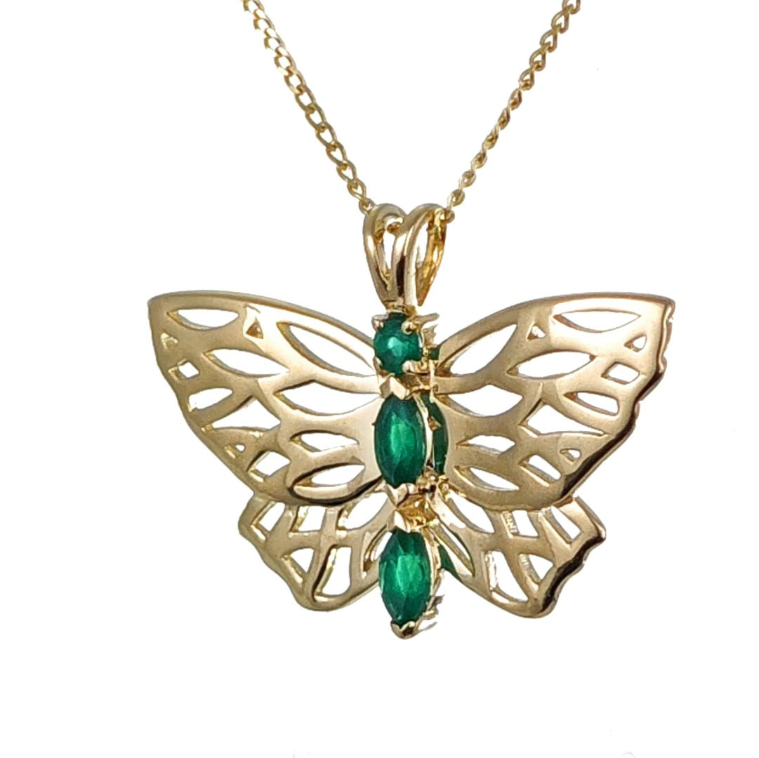 9ct Butterfly Necklace Green Onyx Yellow Gold Hallmarked