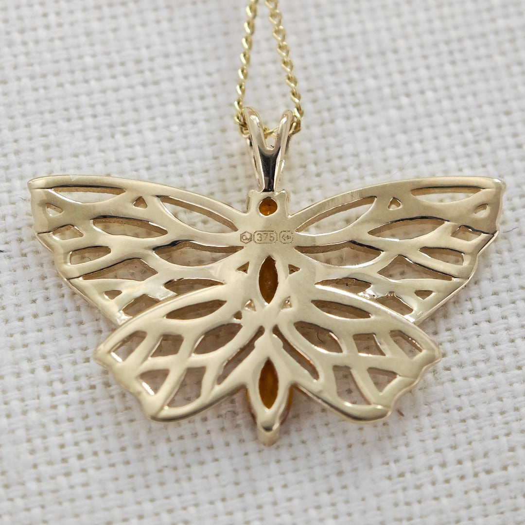 9ct Citrine Butterfly Necklace Yellow Gold Hallmarked UK Design Handmade