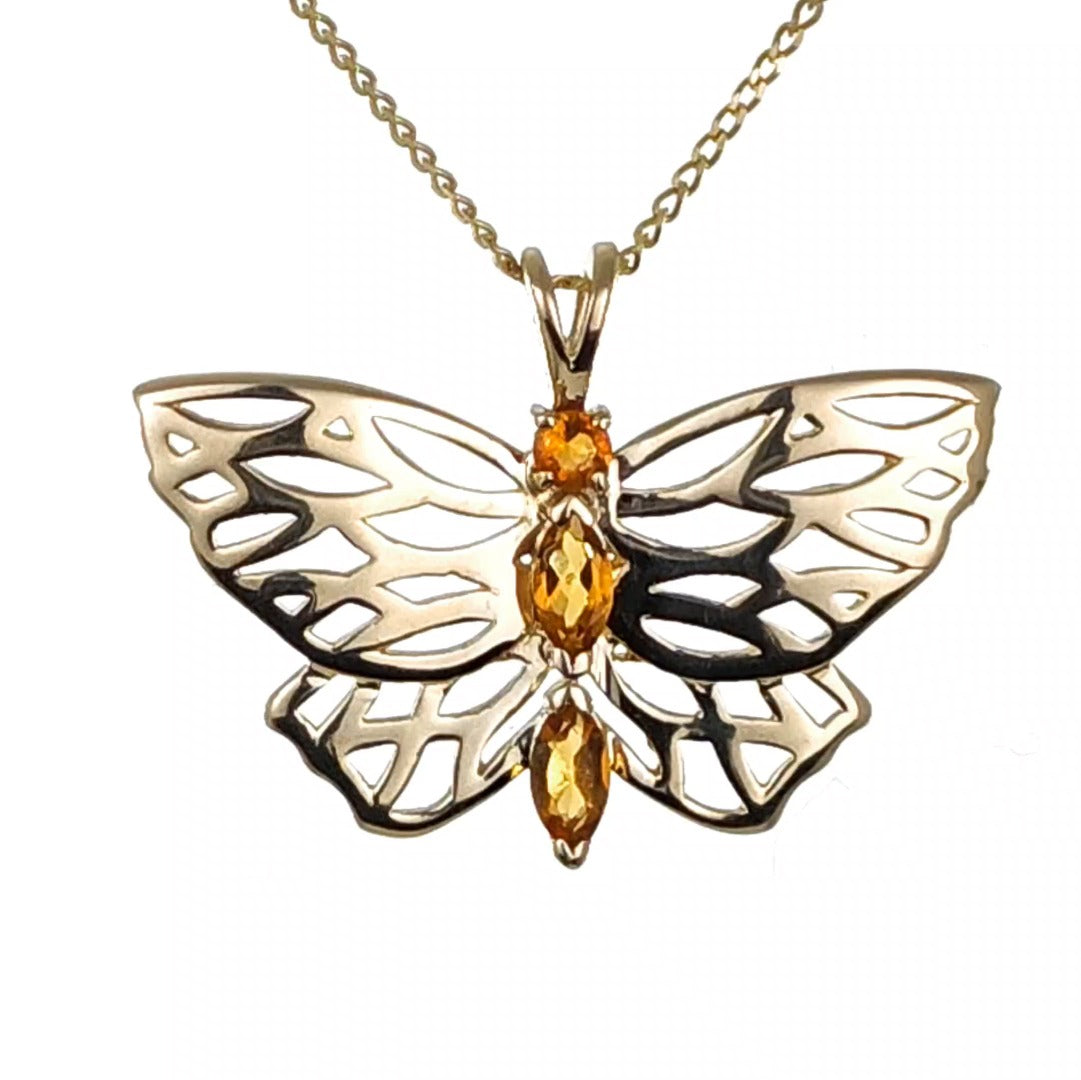 9ct Citrine Butterfly Necklace Yellow Gold Hallmarked UK Design Handmade