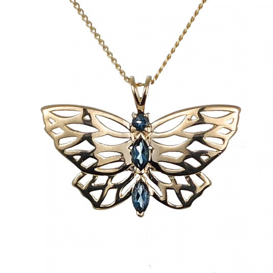 9ct Butterfly Necklace Yellow Gold London Blue Topaz Treated Hallmarked UK Design Handmade