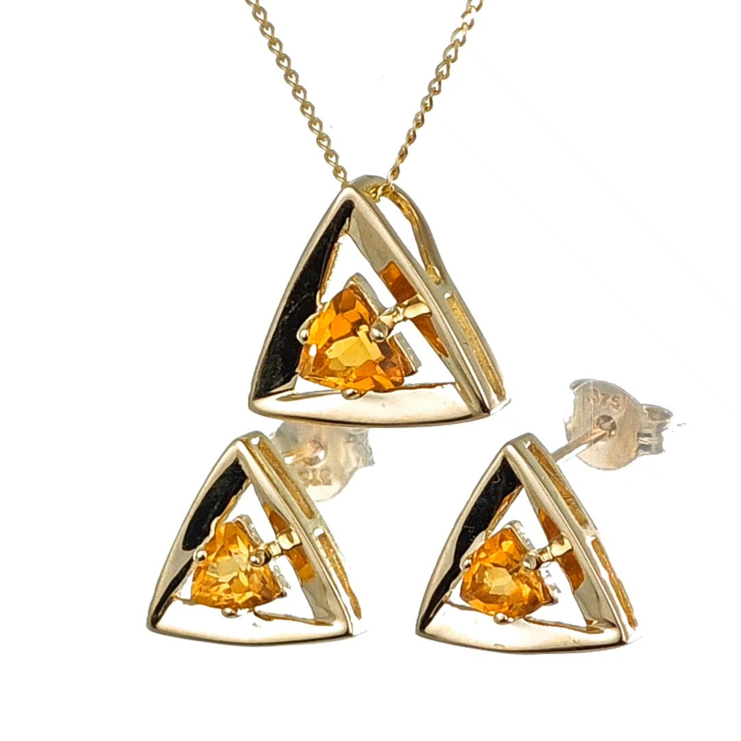 9ct Citrine Set Pendant Stud Earrings Yellow Gold Hallmarked 375 Trillion