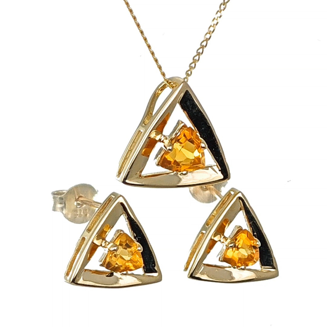 9ct Citrine Set Pendant Stud Earrings Yellow Gold Hallmarked 375 Trillion