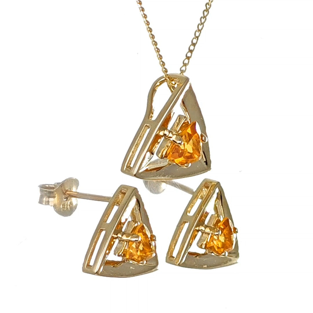 9ct Citrine Set Pendant Stud Earrings Yellow Gold Hallmarked 375 Trillion