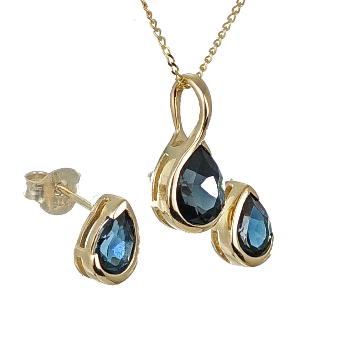 9ct Gold Set Necklace Earrings London Blue Treated Topaz Handmade