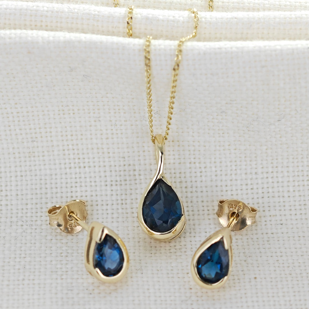 9ct Gold Set Necklace Earrings London Blue Treated Topaz Handmade